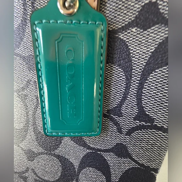 Coach Signature Stripe Large Carryall Tote-Navy Denim Look, Jade Green Stripe - Picture 9 of 16